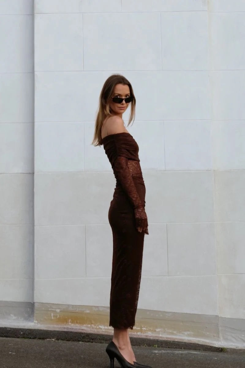 Suboo Paris Off Shoulder Ruched Side Maxi - Espresso
