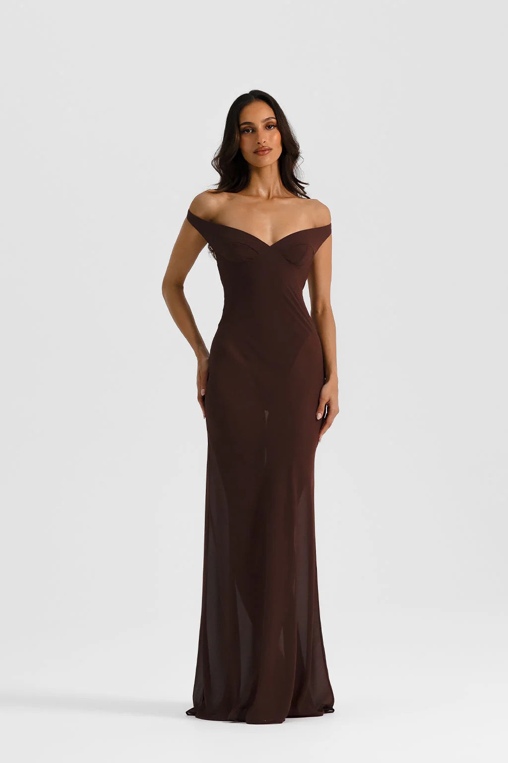 natalie rolt off the shoulder dress Natalie Rolt Brielle Gown - Espresso