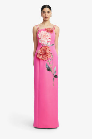 Leo Lin Arianna Applique Floral Maxi Dress - Peony Print in Fuchsia