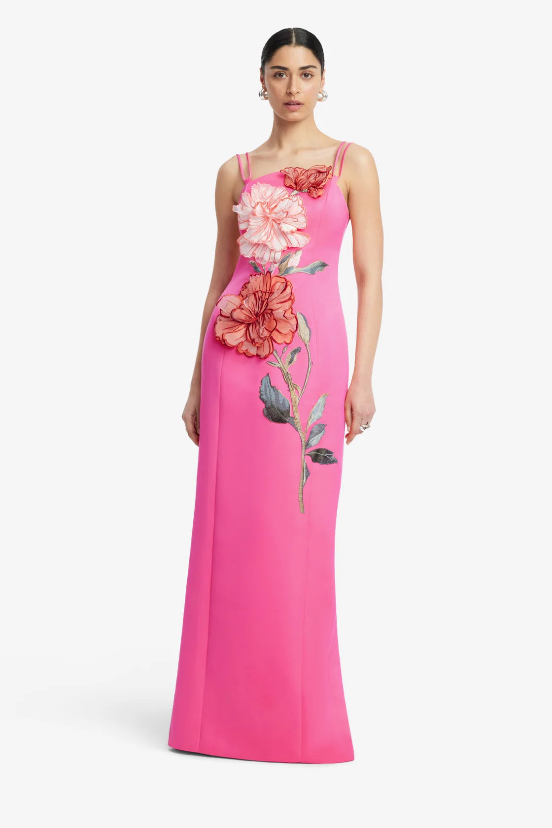 Leo Lin Arianna Applique Floral Maxi Dress - Peony Print in Fuchsia