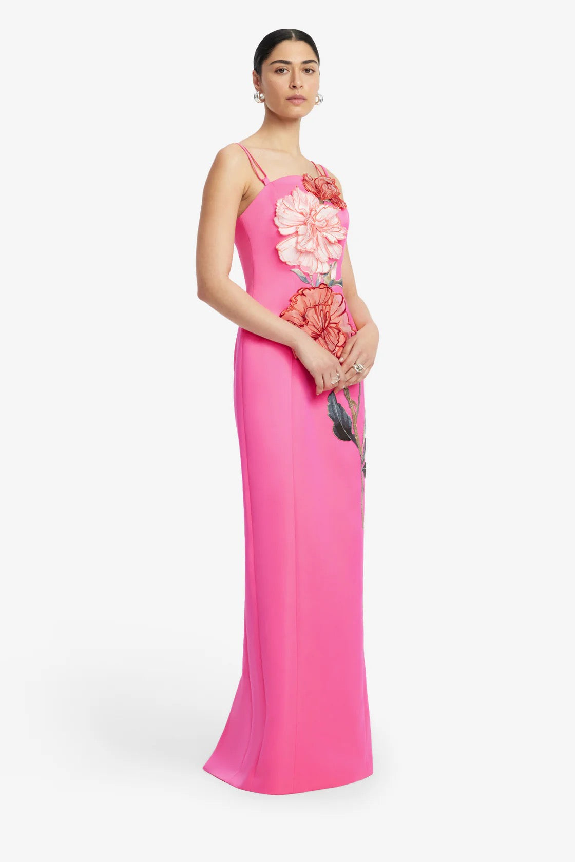 Leo Lin Arianna Applique Floral Maxi Dress - Peony Print in Fuchsia