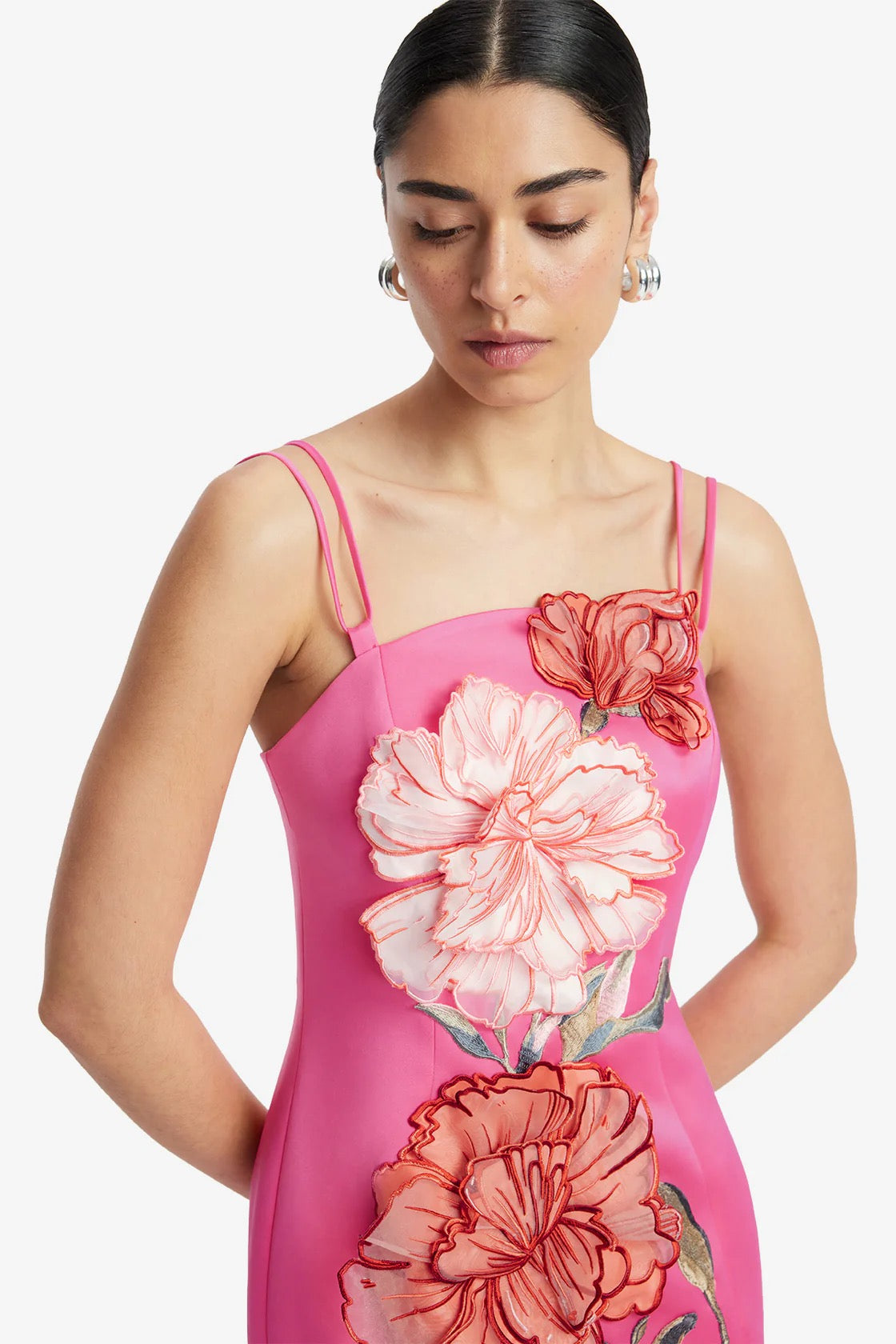Leo Lin Arianna Applique Floral Maxi Dress - Peony Print in Fuchsia