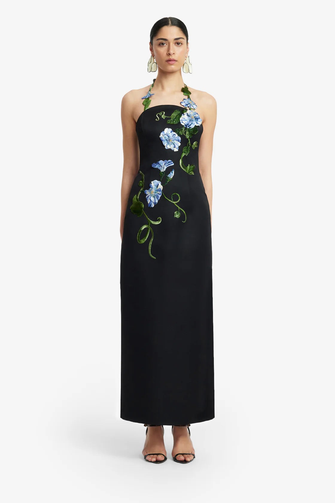 Leo Lin Ava Halterneck Applique Floral Bustier Maxi Dress - Vine Print in Ebony