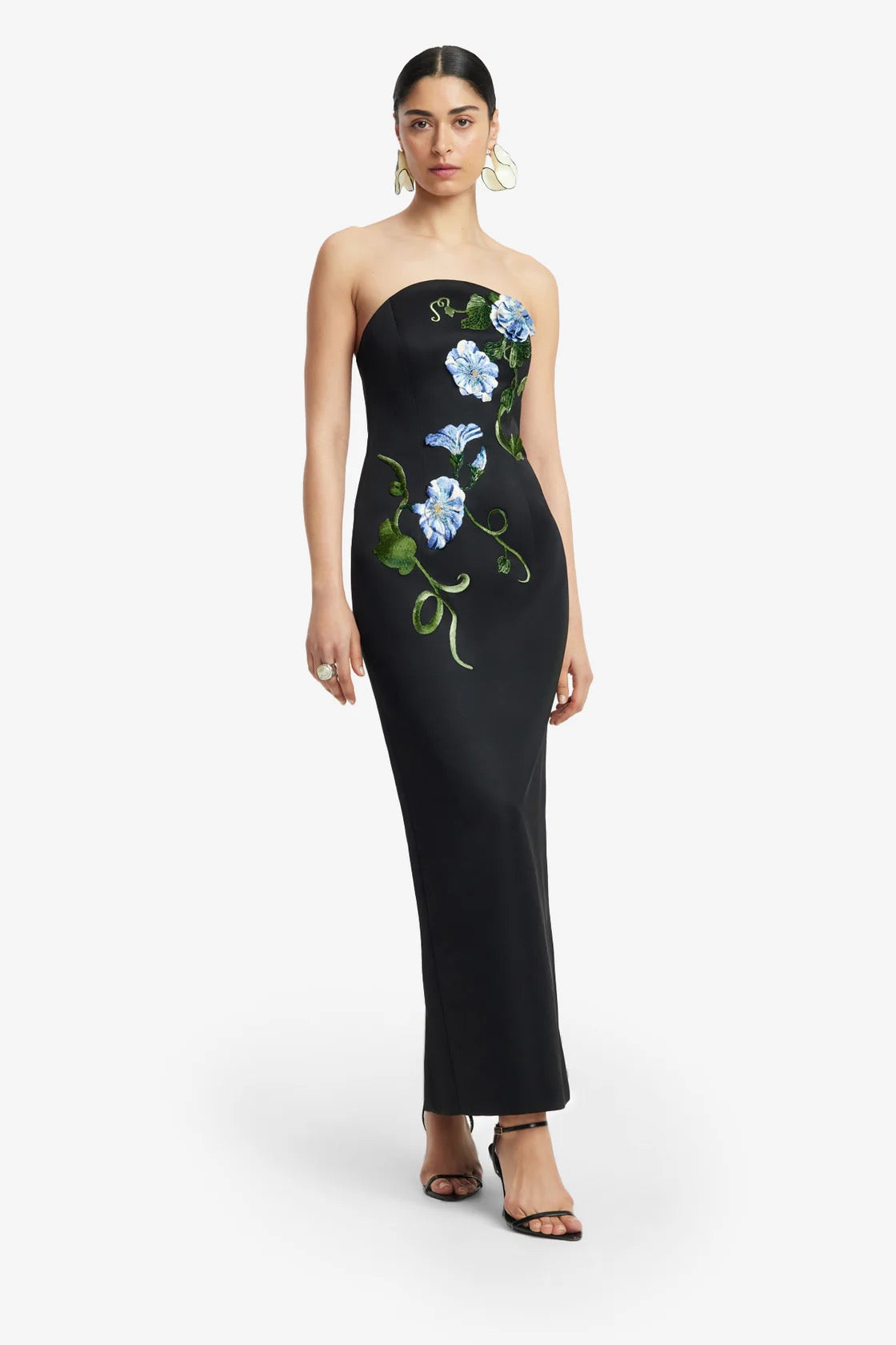 Leo Lin Ava Halterneck Applique Floral Bustier Maxi Dress - Vine Print in Ebony