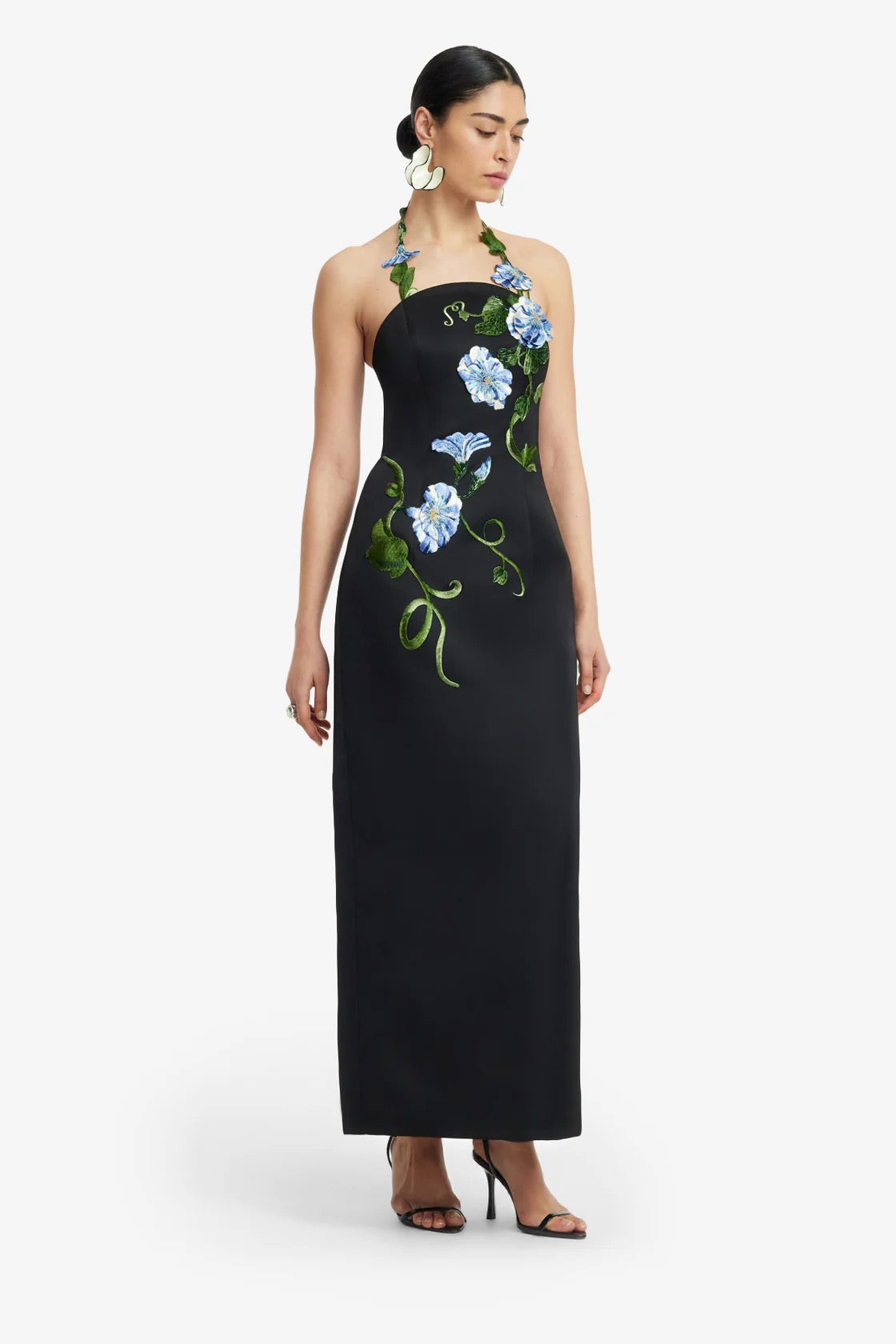 Leo Lin Ava Halterneck Applique Floral Bustier Maxi Dress - Vine Print in Ebony