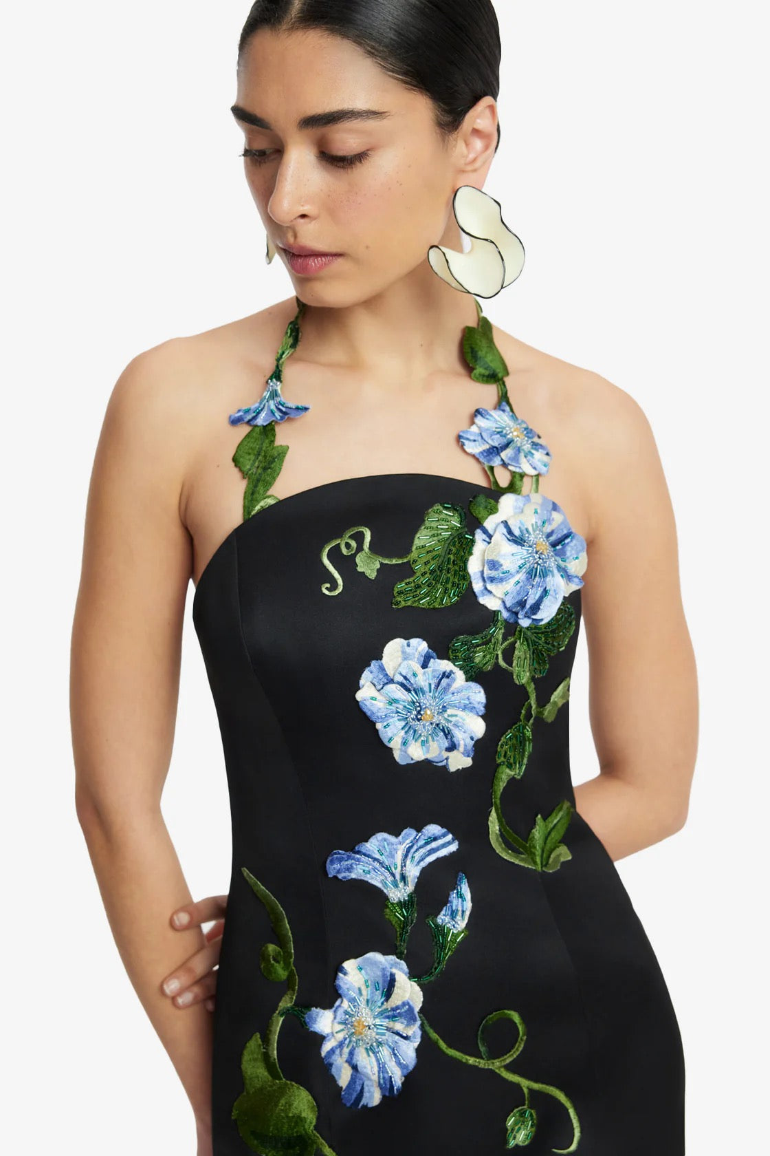 Leo Lin Ava Halterneck Applique Floral Bustier Maxi Dress - Vine Print in Ebony