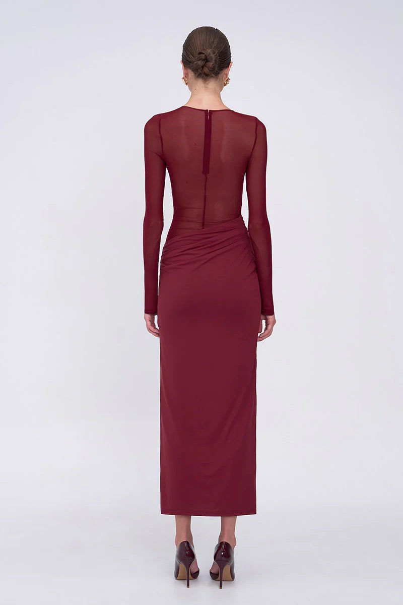Suboo Auguste Long Sleeve Mesh Jersey Maxi Dress - Bordeaux