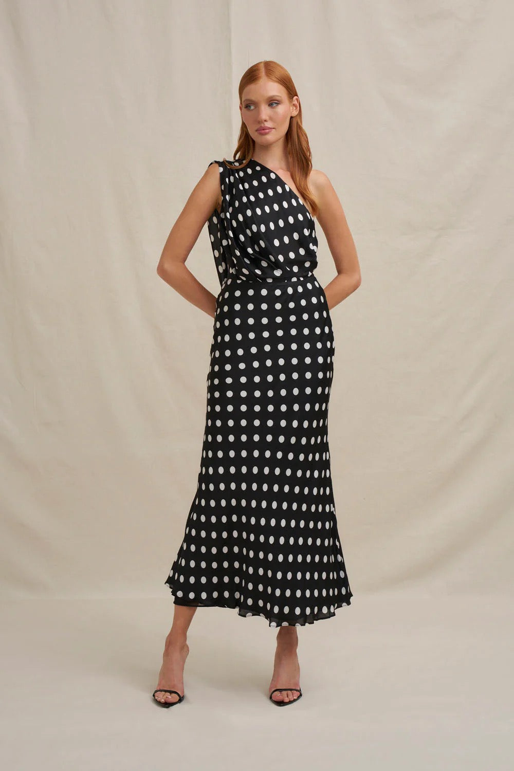 By Johnny Dove Drape Polka Ankle Dress - Black Ivory