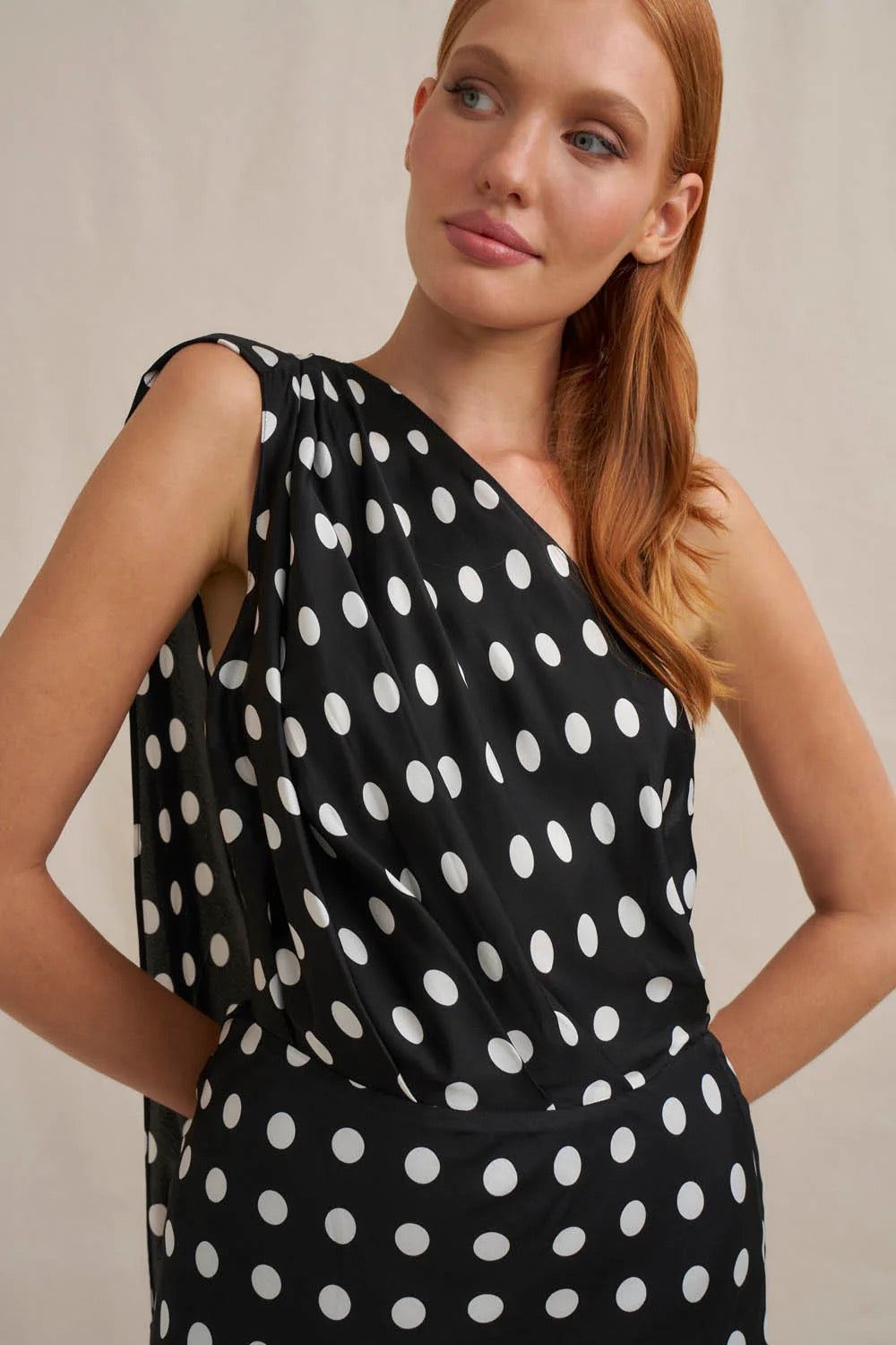 By Johnny Dove Drape Polka Ankle Dress - Black Ivory