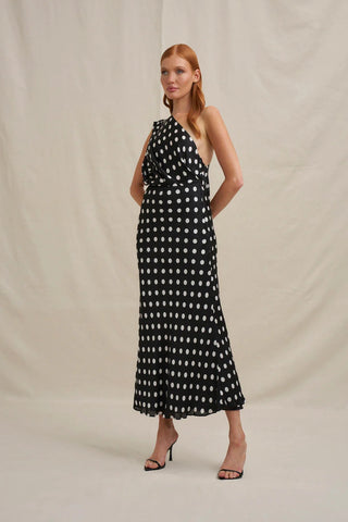 By Johnny Dove Drape Polka Ankle Dress - Black Ivory