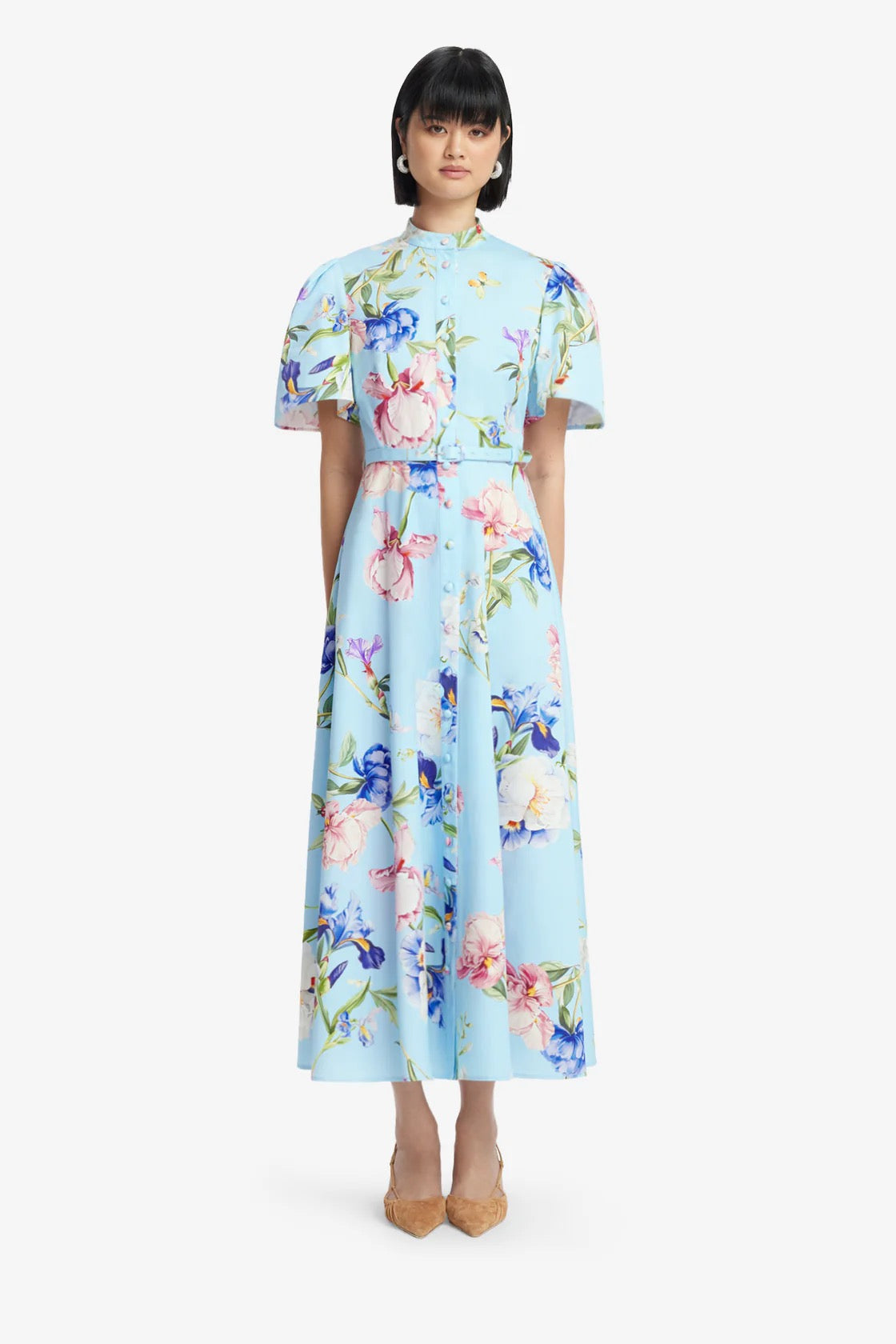 Leo Lin Bianca Short Sleeve Midi Dress - Garden Print in Baby Blue
