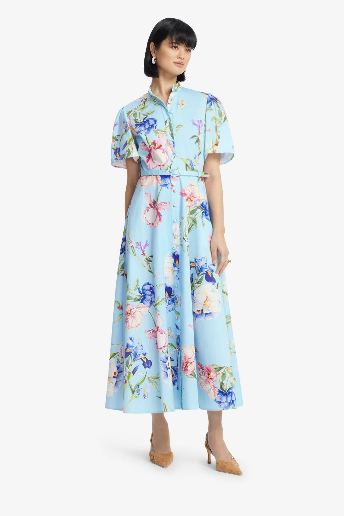 Leo Lin Bianca Short Sleeve Midi Dress - Garden Print in Baby Blue