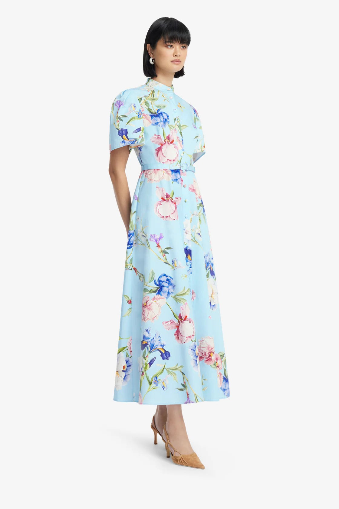 Leo Lin Bianca Short Sleeve Midi Dress - Garden Print in Baby Blue