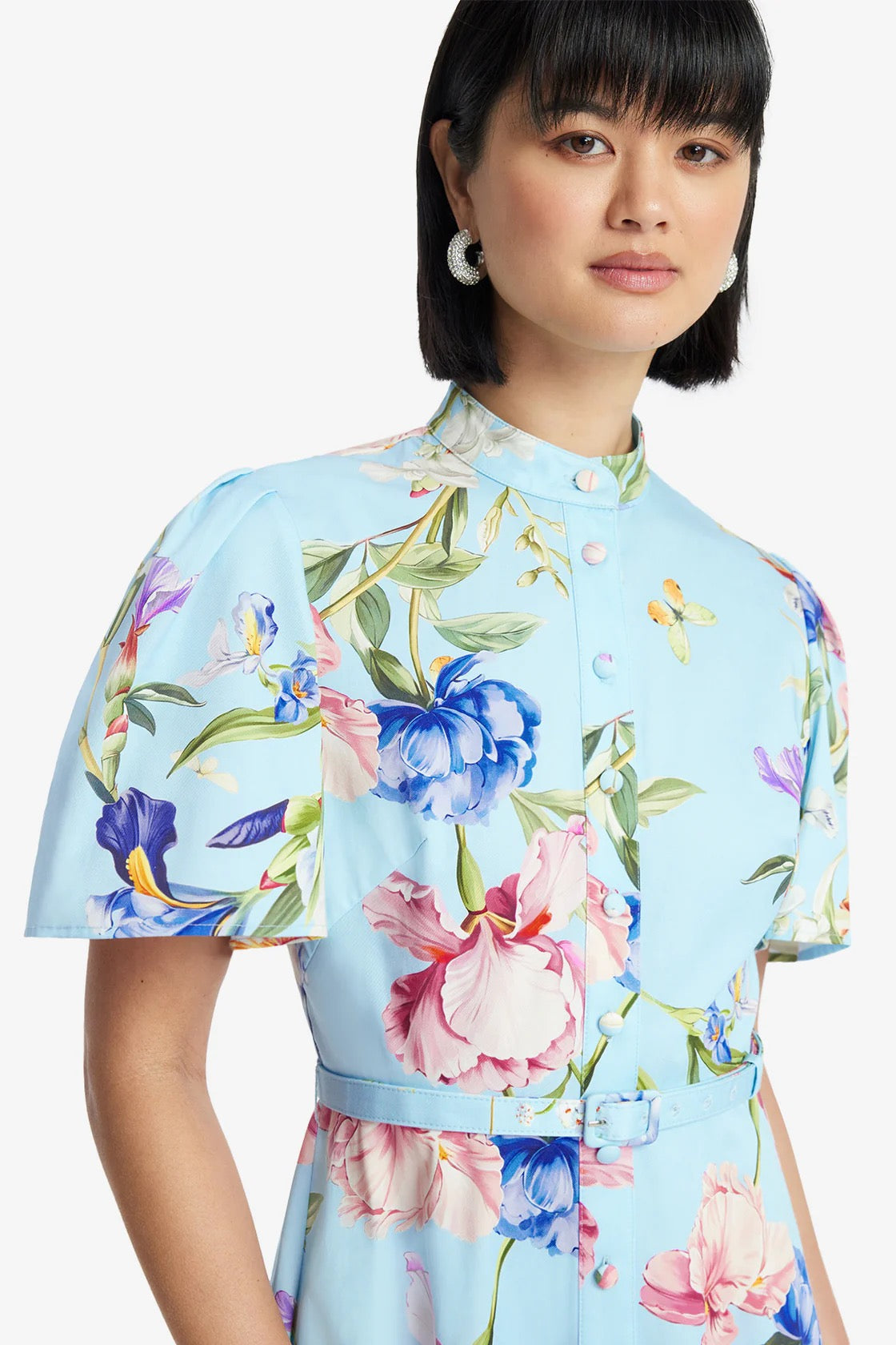 Leo Lin Bianca Short Sleeve Midi Dress - Garden Print in Baby Blue
