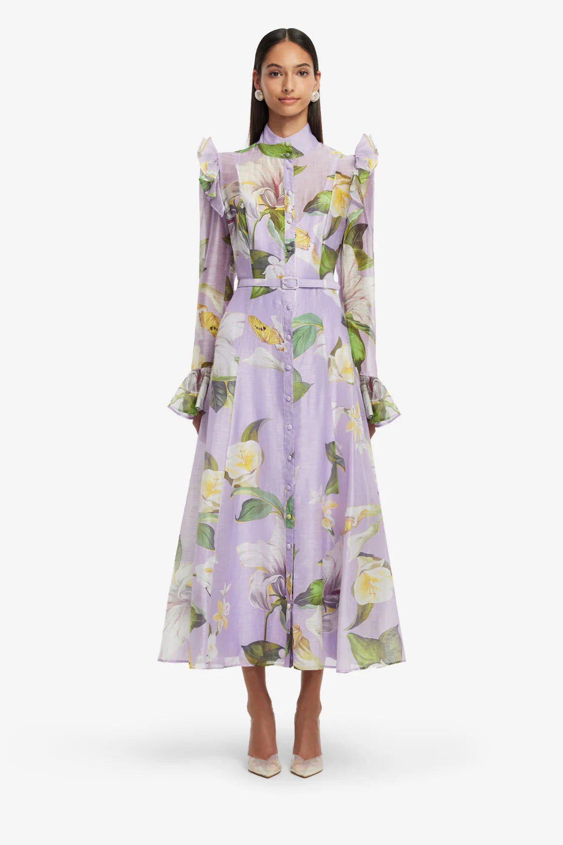 Leo Lin Katrina Butterfly Sleeve Midi Dress - Lily Blossom Print in Lilac