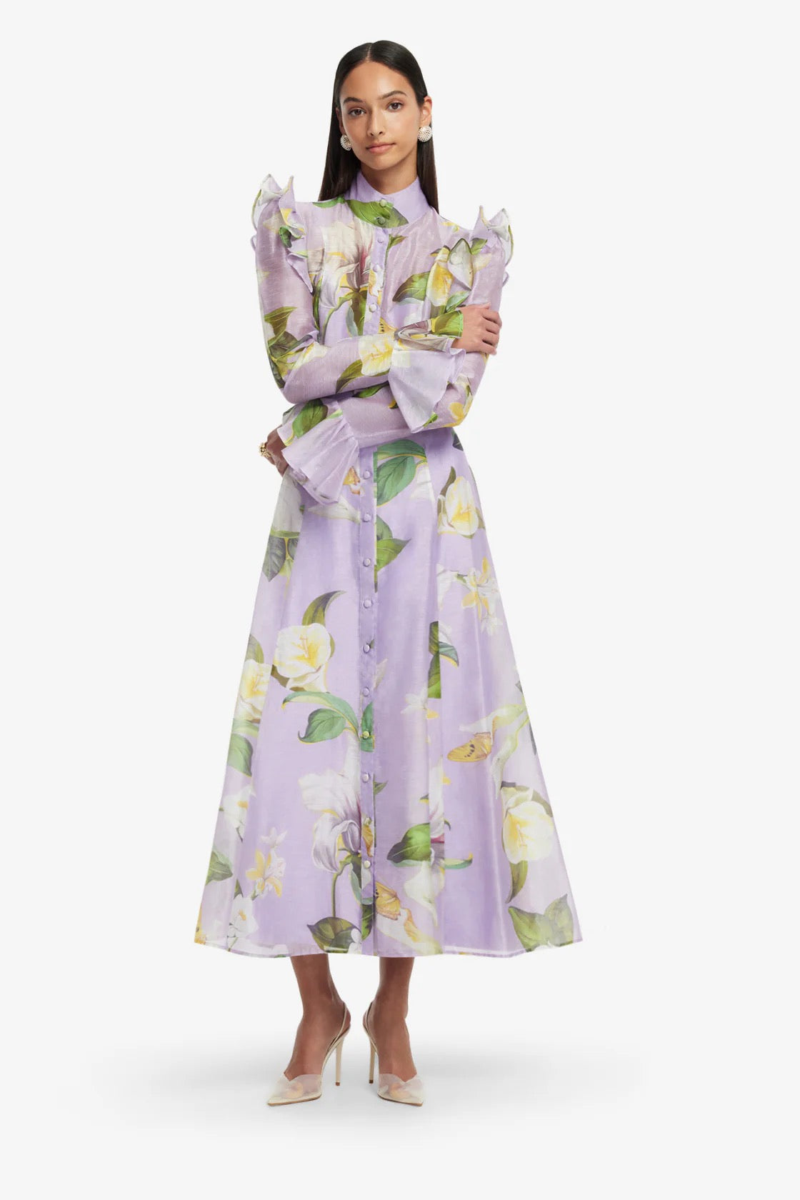 Leo Lin Katrina Butterfly Sleeve Midi Dress - Lily Blossom Print in Lilac