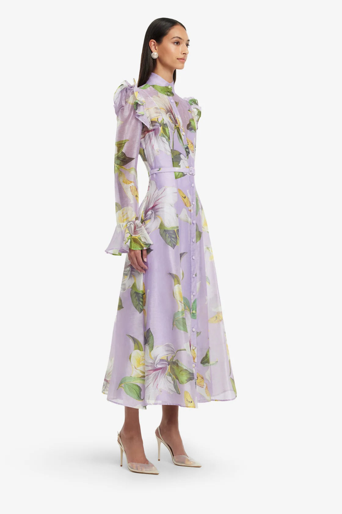 Leo Lin Katrina Butterfly Sleeve Midi Dress - Lily Blossom Print in Lilac