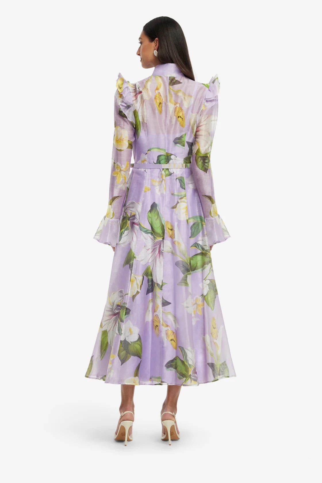 Leo Lin Katrina Butterfly Sleeve Midi Dress - Lily Blossom Print in Lilac
