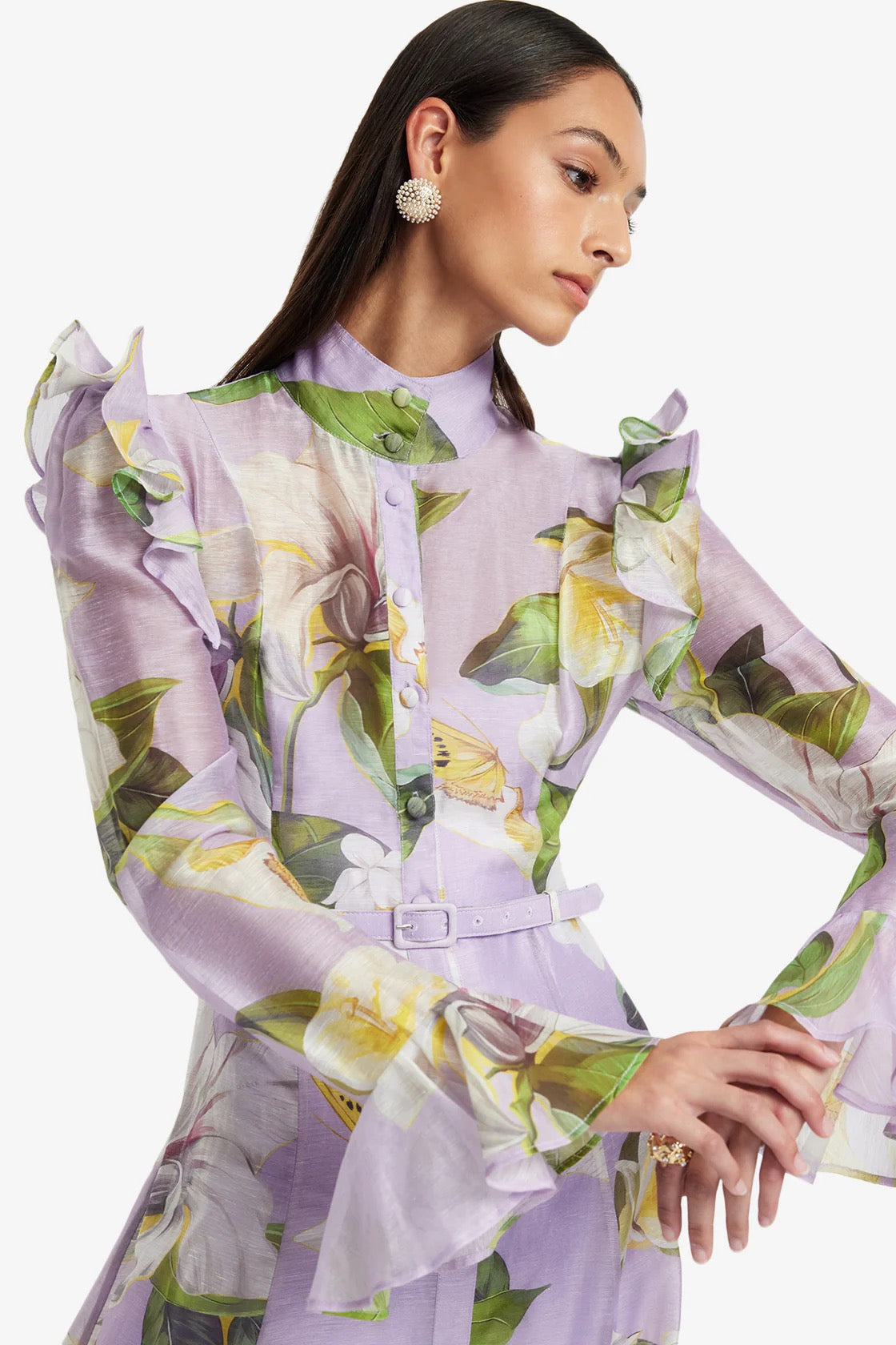 Leo Lin Katrina Butterfly Sleeve Midi Dress - Lily Blossom Print in Lilac