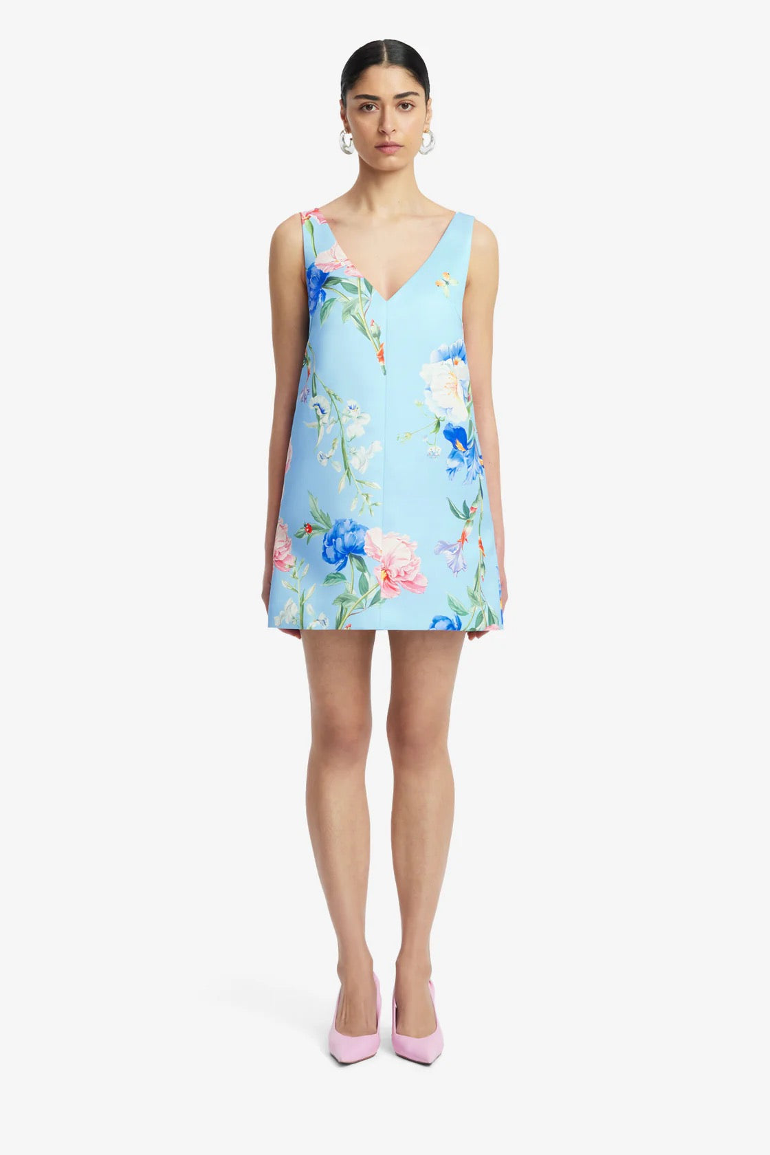 Leo Lin Kaelyn V Neck Mini Dress - Garden Print in Baby Blue