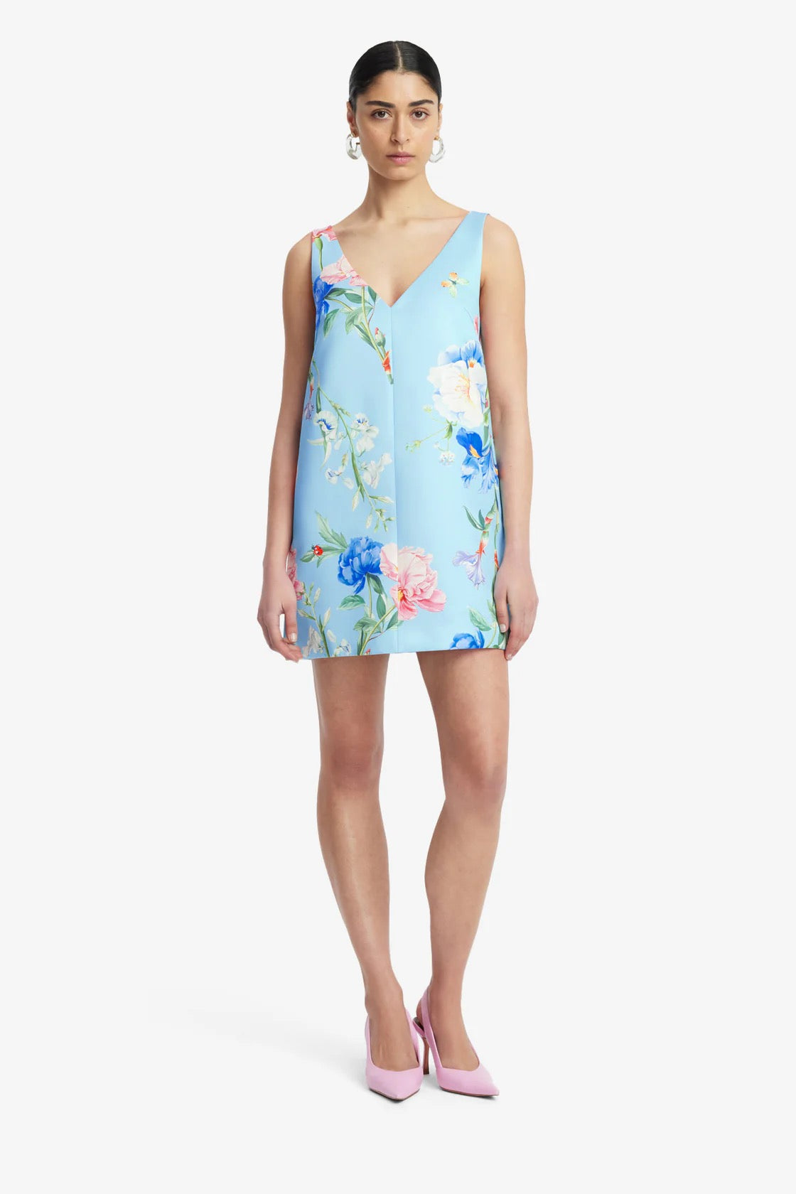 Leo Lin Kaelyn V Neck Mini Dress - Garden Print in Baby Blue