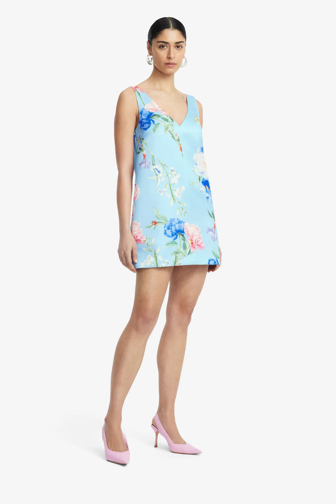 Leo Lin Kaelyn V Neck Mini Dress - Garden Print in Baby Blue