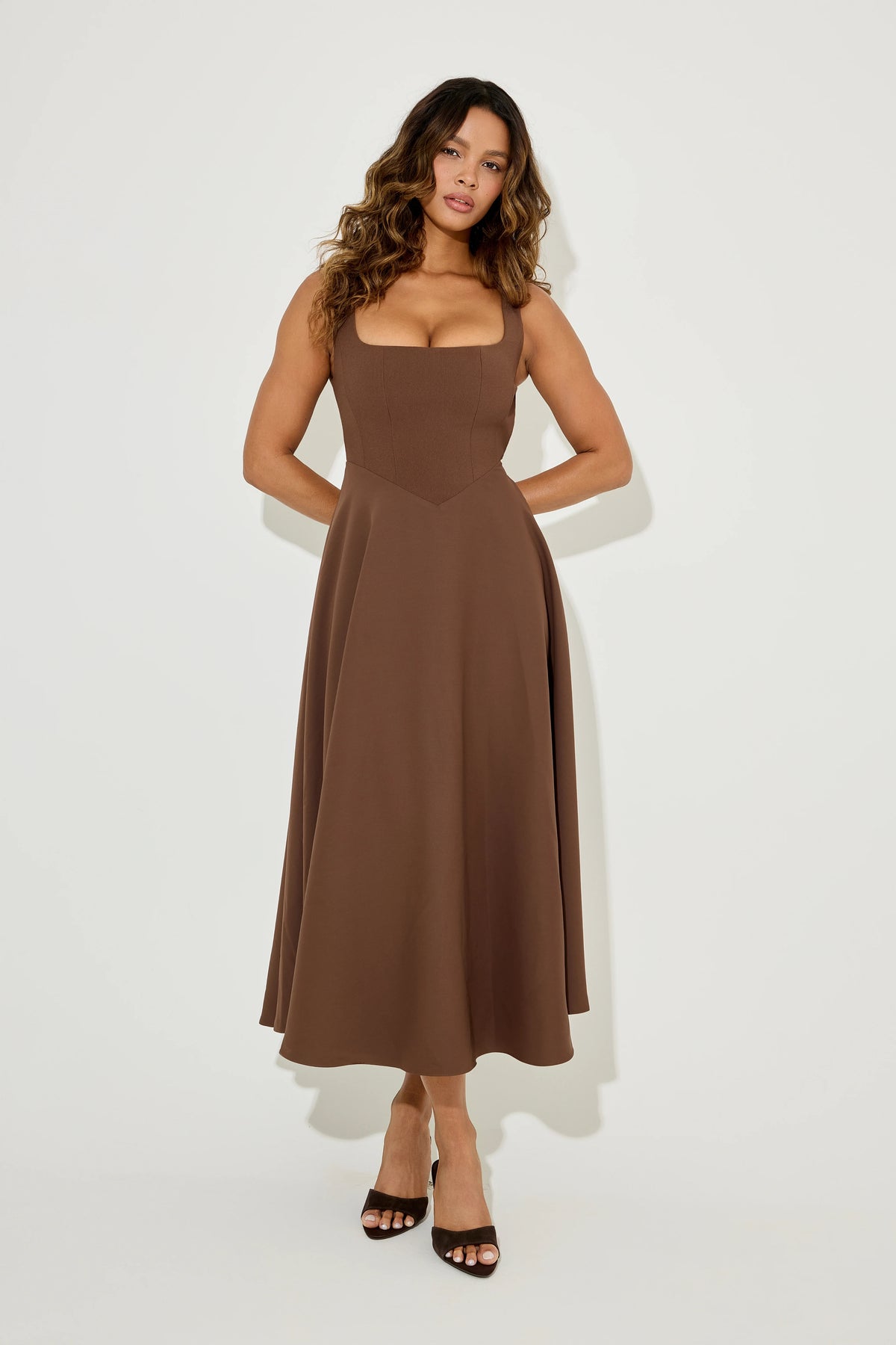 Odd Muse The Ultimate Muse High Waist Square Neck Midi Dress - Chocolate