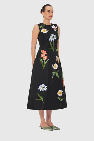 Leo Lin Cleo Embroidery Midi Dress - Botanical Print in Ebony