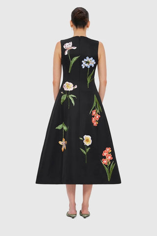 Leo Lin Cleo Embroidery Midi Dress - Botanical Print in Ebony