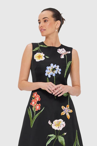 Leo Lin Cleo Embroidery Midi Dress - Botanical Print in Ebony