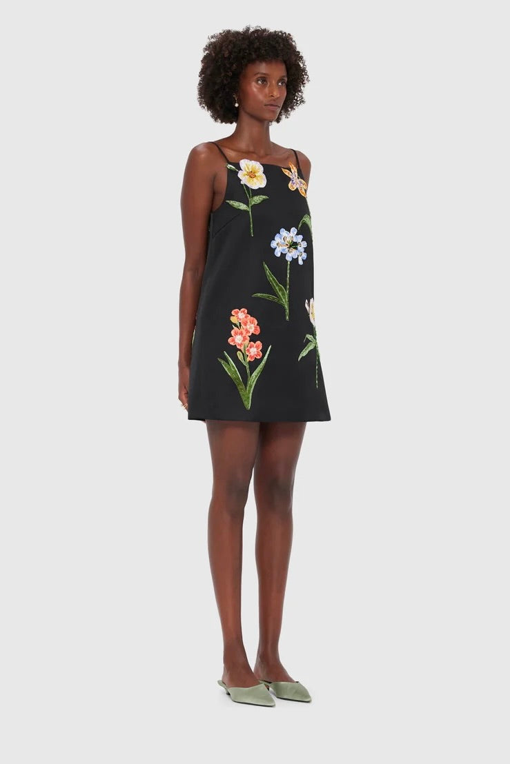 Leo Lin Leia Embroidery Mini Dress - Botanical Print in Ebony