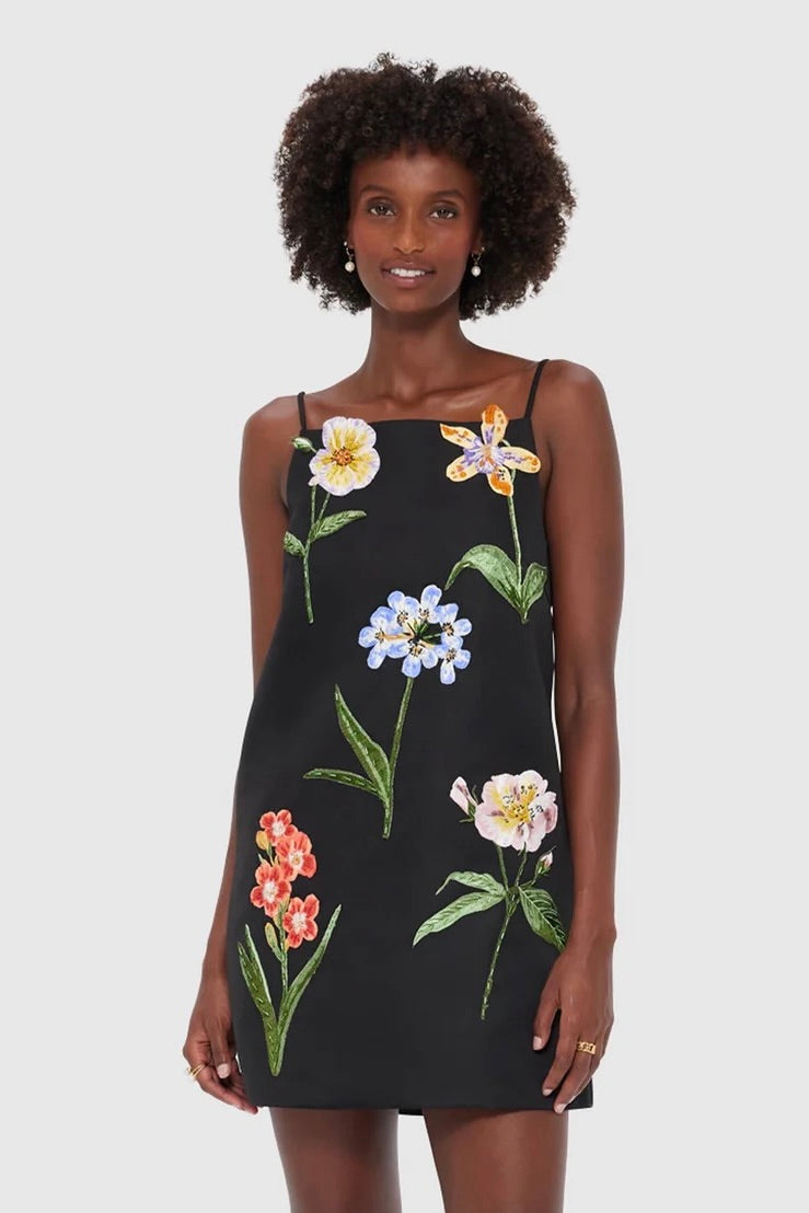 Leo Lin Leia Embroidery Mini Dress - Botanical Print in Ebony