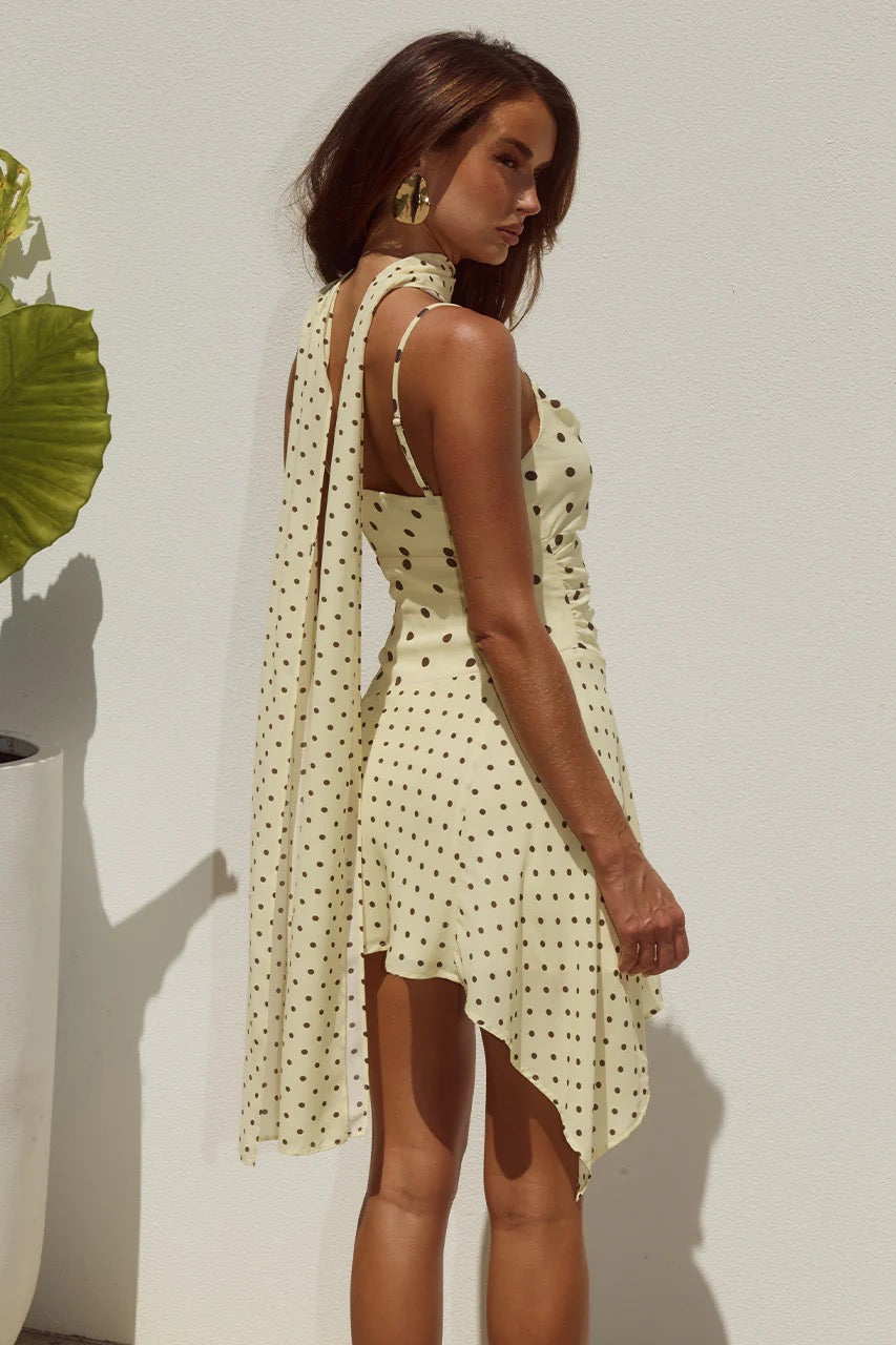 Runaway the Label Alora Scoop Mini Dress - Lemon & Choc Polka