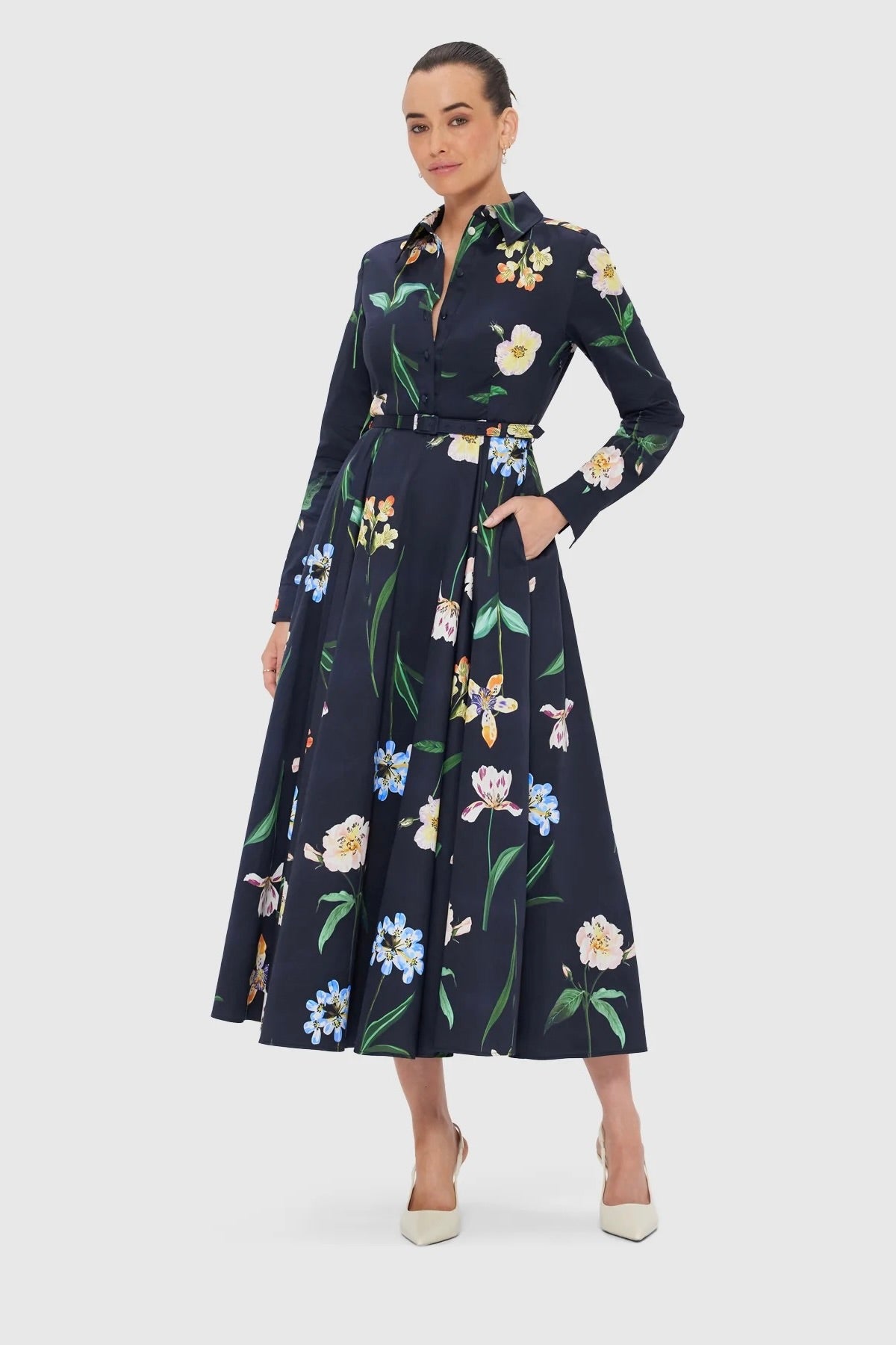 Leo Lin Zara Shirt Midi Dress - Botanical Print in Ebony