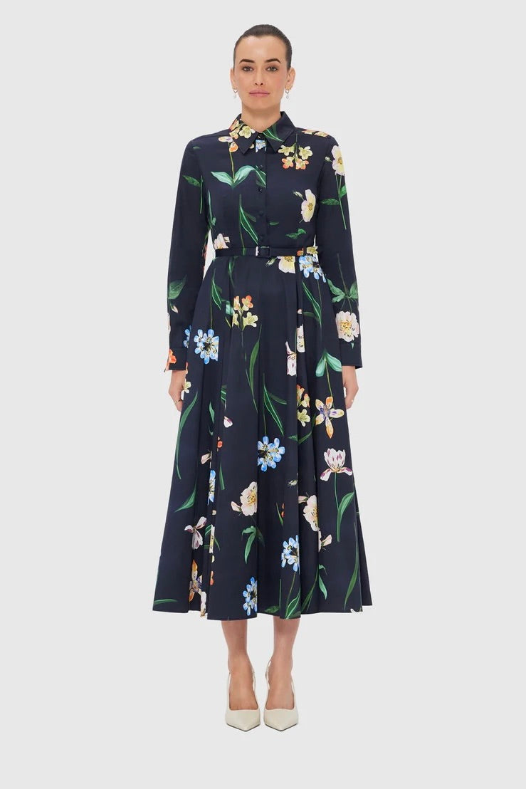 Leo Lin Zara Shirt Midi Dress - Botanical Print in Ebony
