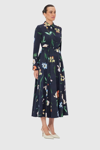 Leo Lin Zara Shirt Midi Dress - Botanical Print in Ebony