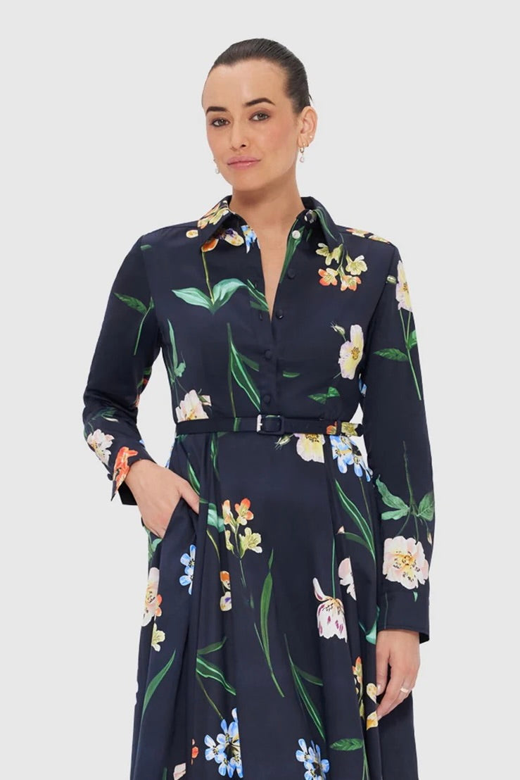 Leo Lin Zara Shirt Midi Dress - Botanical Print in Ebony