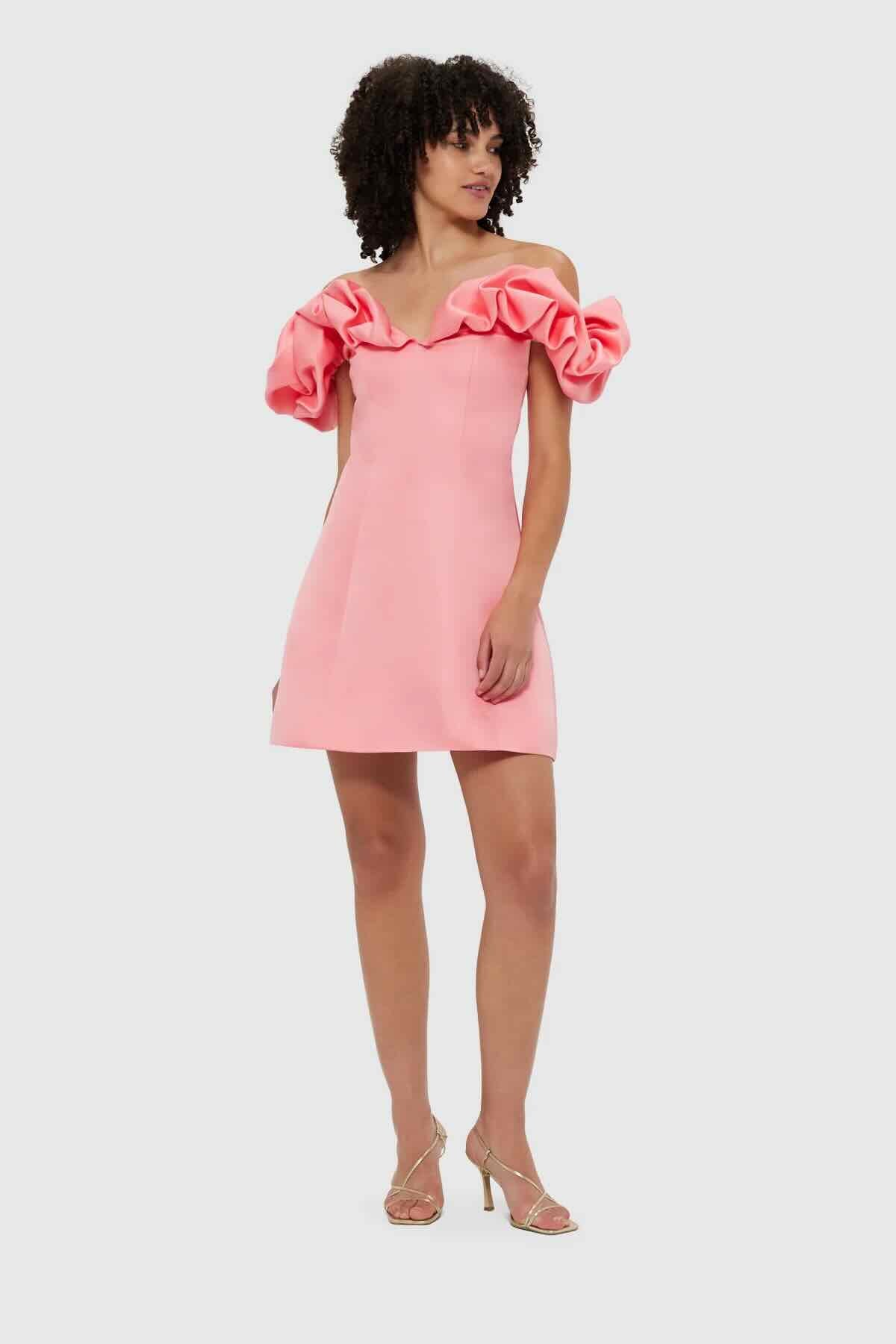 Leo Lin Bella Off Shoulder Frill Mini Dress - Strawberry Pink - Dress Hire AU Leo Lin Bella Off Shoulder Frill Mini Dress - Strawberry Pink - Dress Hire AU