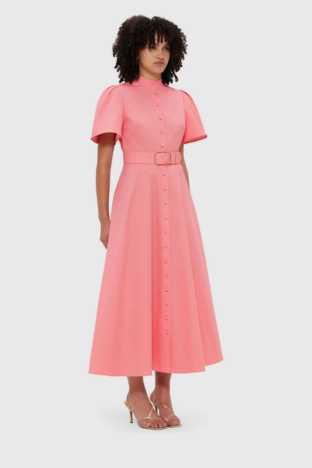 Leo Lin Bianca Short Sleeve Midi Dress - Strawberry Pink - Dress Hire AU Leo Lin Bianca Short Sleeve Midi Dress - Strawberry Pink - Dress Hire AU