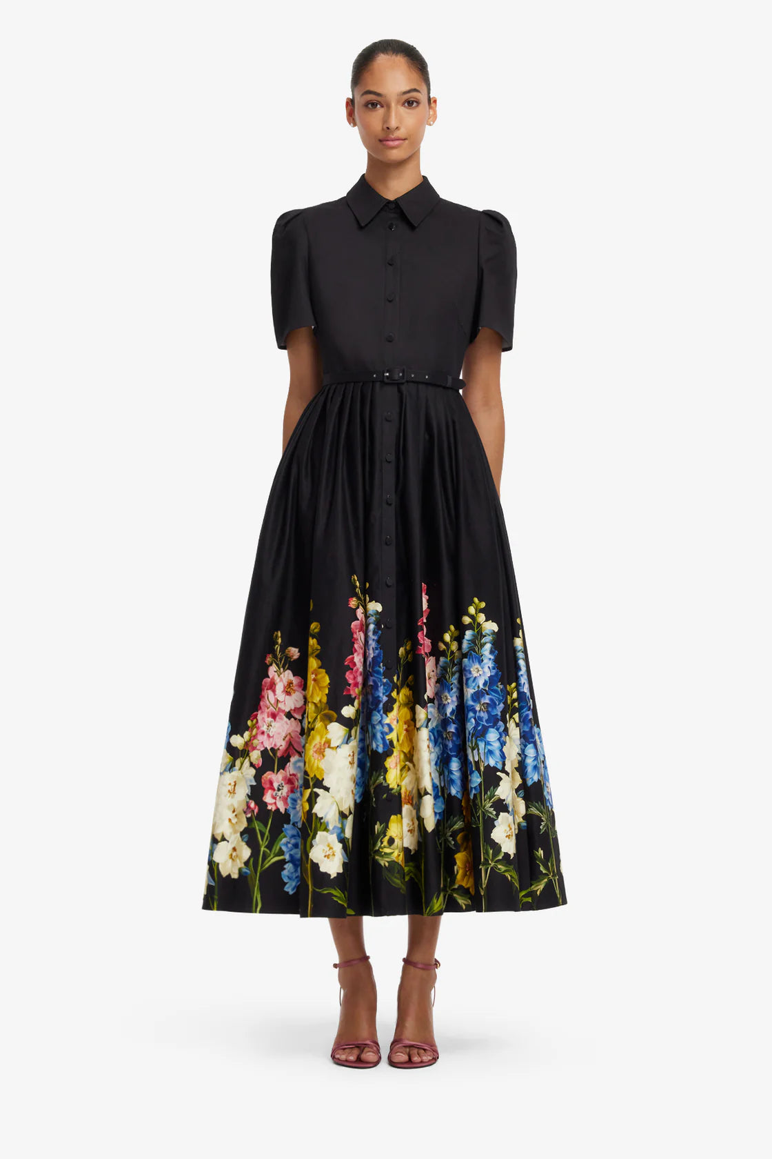Leo Lin Bianca Short Sleeve Midi Dress - Snapdragon Print in Ebony