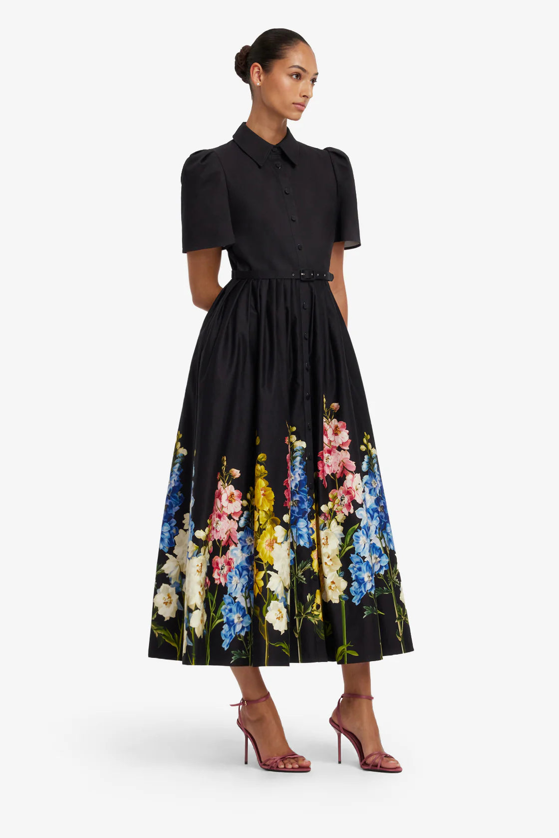 Leo Lin Bianca Short Sleeve Midi Dress - Snapdragon Print in Ebony