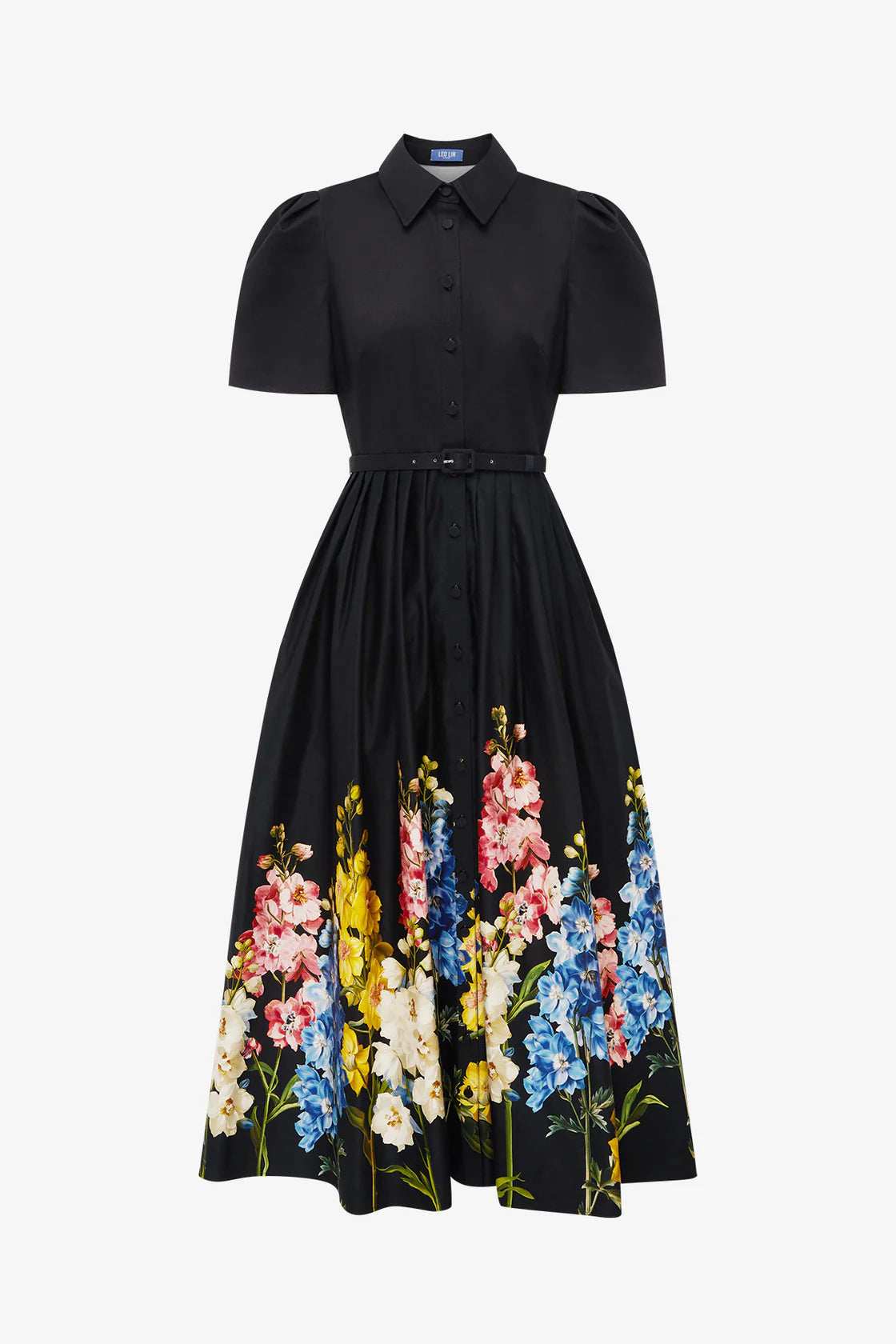 Leo Lin Bianca Short Sleeve Midi Dress - Snapdragon Print in Ebony