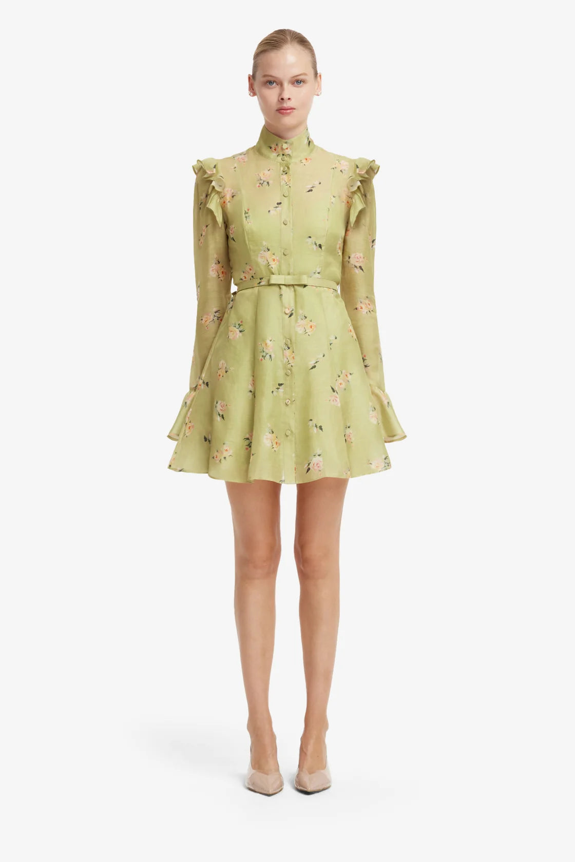 Leo Lin Kristy Butterfly Sleeve Mini Dress - Pistachio Rose Print
