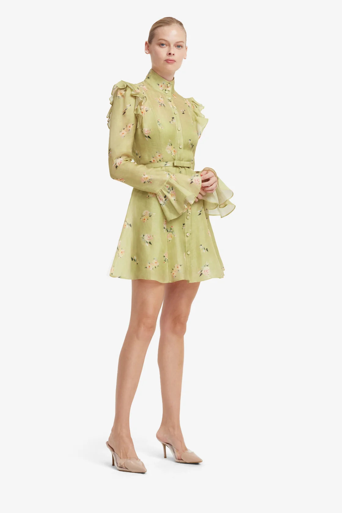 Leo Lin Kristy Butterfly Sleeve Mini Dress - Pistachio Rose Print