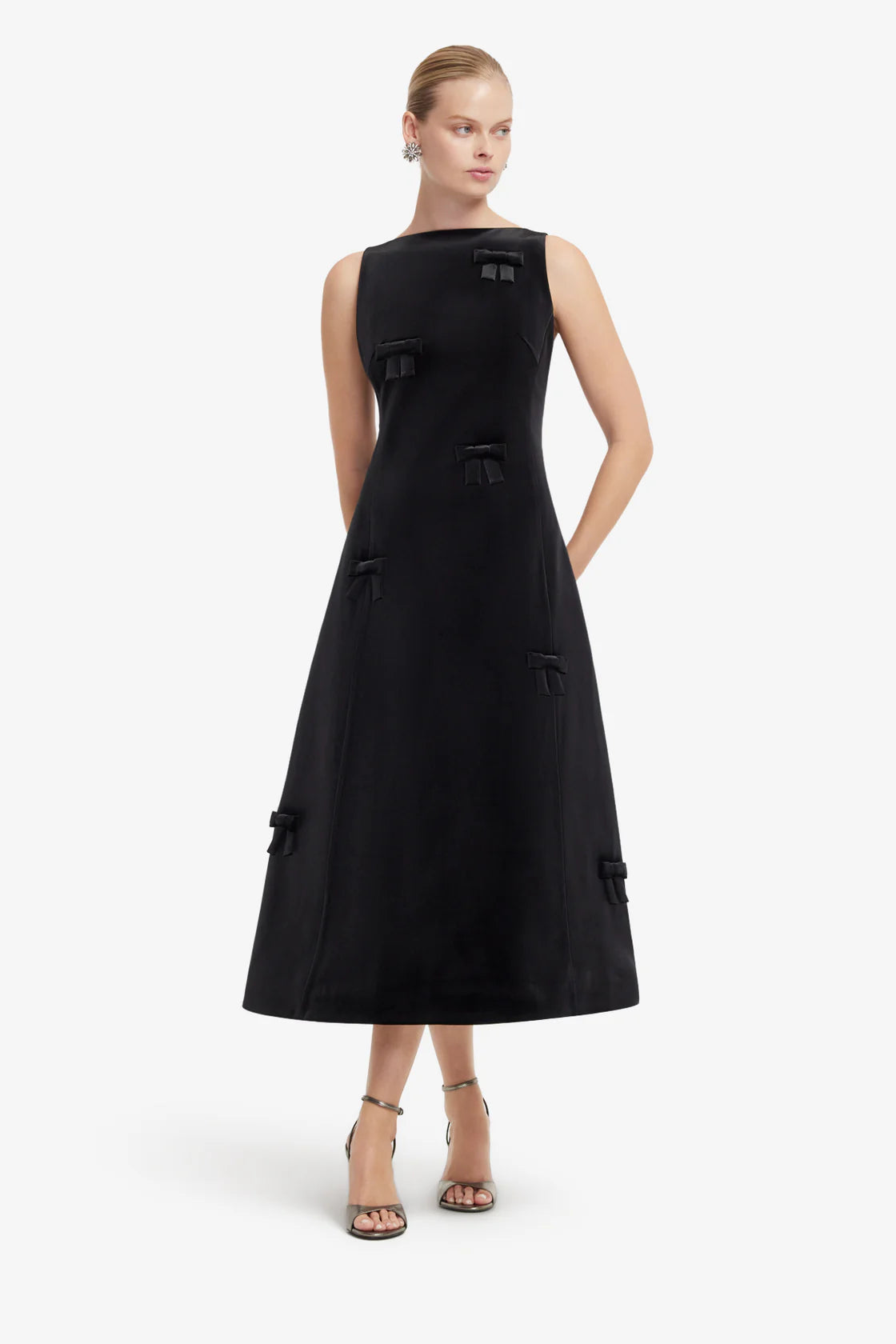 Leo Lin Cleo Velvet Bow Sleeveless Midi Dress - Ebony