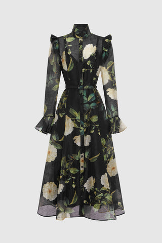 Leo Lin Katrina Butterfly Sleeve Midi Dress - White Rose Print in Black