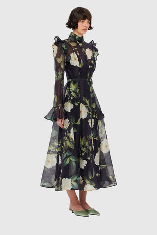Leo Lin Katrina Butterfly Sleeve Midi Dress - White Rose Print in Black