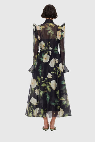 Leo Lin Katrina Butterfly Sleeve Midi Dress - White Rose Print in Black