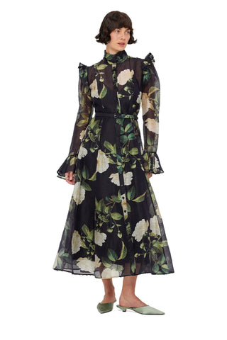 Leo Lin Katrina Butterfly Sleeve Midi Dress - White Rose Print in Black