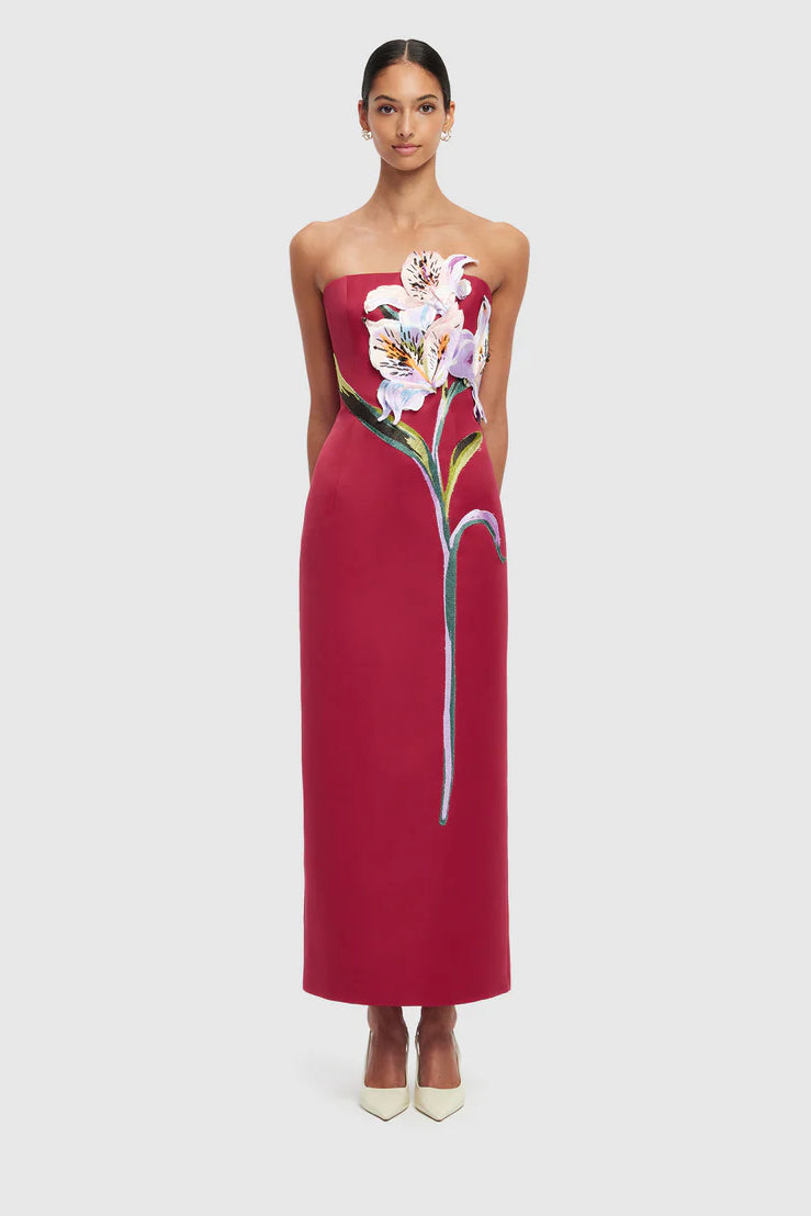 leo lin lily dress This @leolin_official mini = The new 'Rosario Appliqu Floral Bustier Mini Dress' in Lily Print Oxblood is our newest obsession!! This beauty arrived in-store today and it is an actual piece